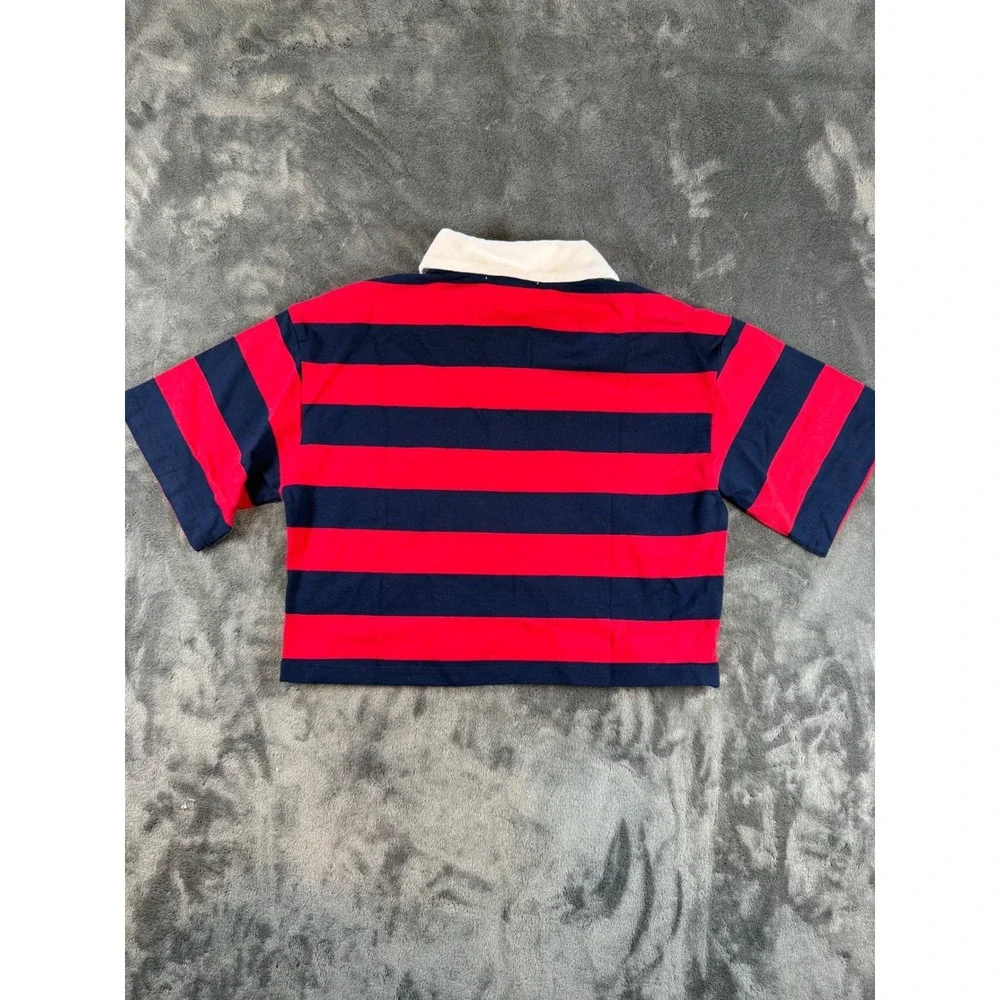 RSQ Extra Small XS Red Navy Stripe Cropped Rugby Polo Shirt